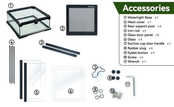 Un terrario de vidrio con base hermética, mostrando su diseño de puerta frontal, ventilación de malla y orificios para cables. Ideal para reptiles y anfibios.