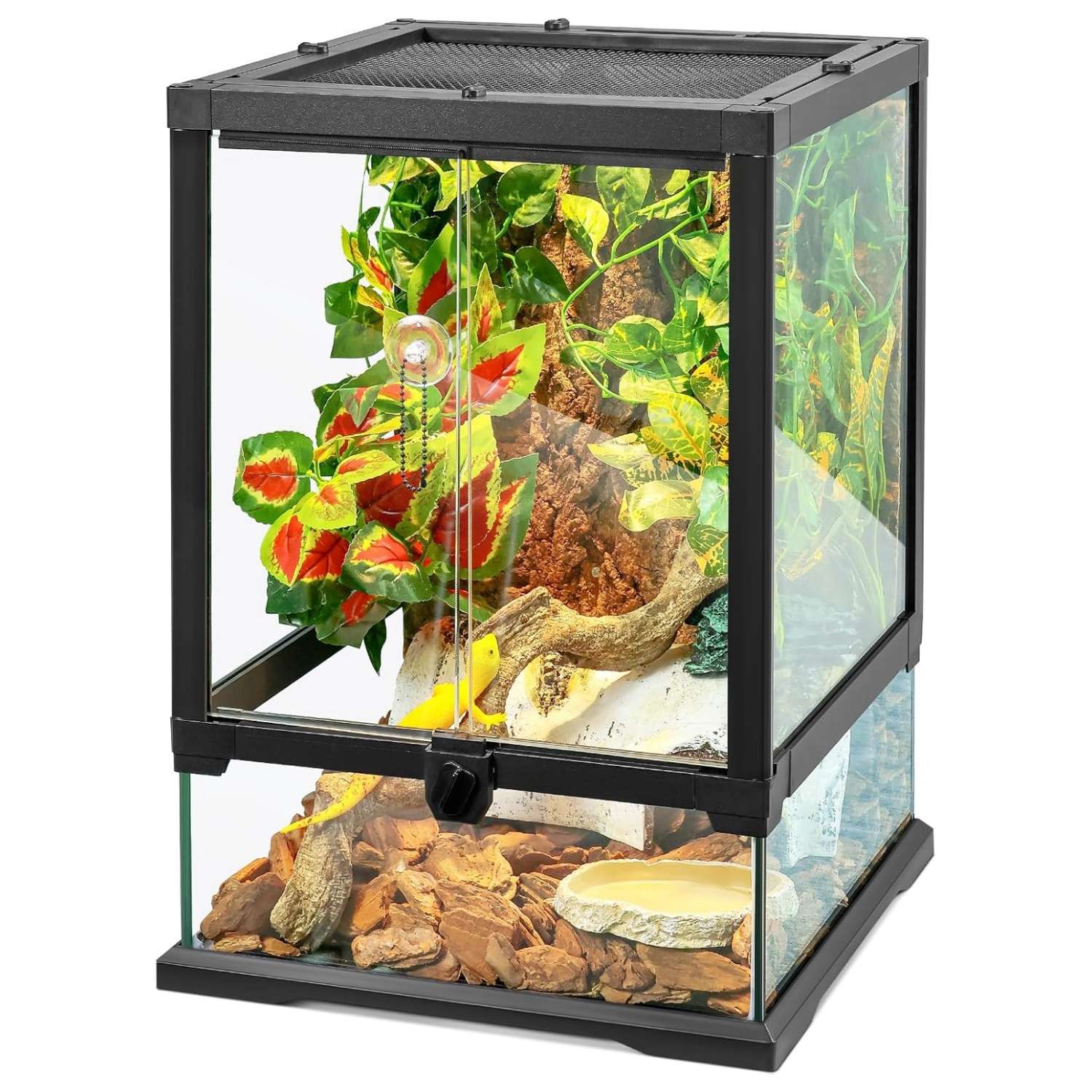 Un terrario de vidrio con base hermética, mostrando su diseño de puerta frontal, ventilación de malla y orificios para cables. Ideal para reptiles y anfibios.
