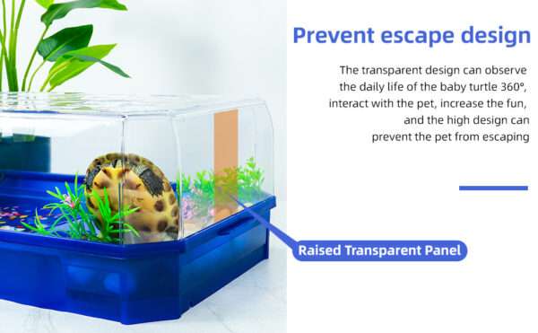 Un acuario multifuncional para tortugas, mostrando un tanque con un comedero doble, un sistema de filtración individual y un puerto de drenaje.