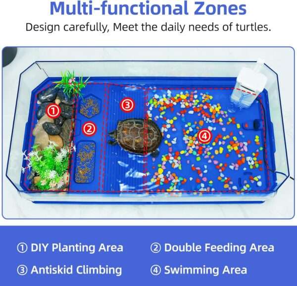 Un acuario multifuncional para tortugas, mostrando un tanque con un comedero doble, un sistema de filtración individual y un puerto de drenaje.