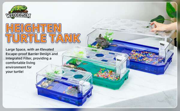 Un acuario multifuncional para tortugas, mostrando un tanque con un comedero doble, un sistema de filtración individual y un puerto de drenaje.