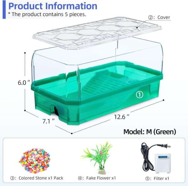 Un kit completo de tortuguera, mostrando un acuario con bomba, filtro y la innovadora función de ducha cascada.