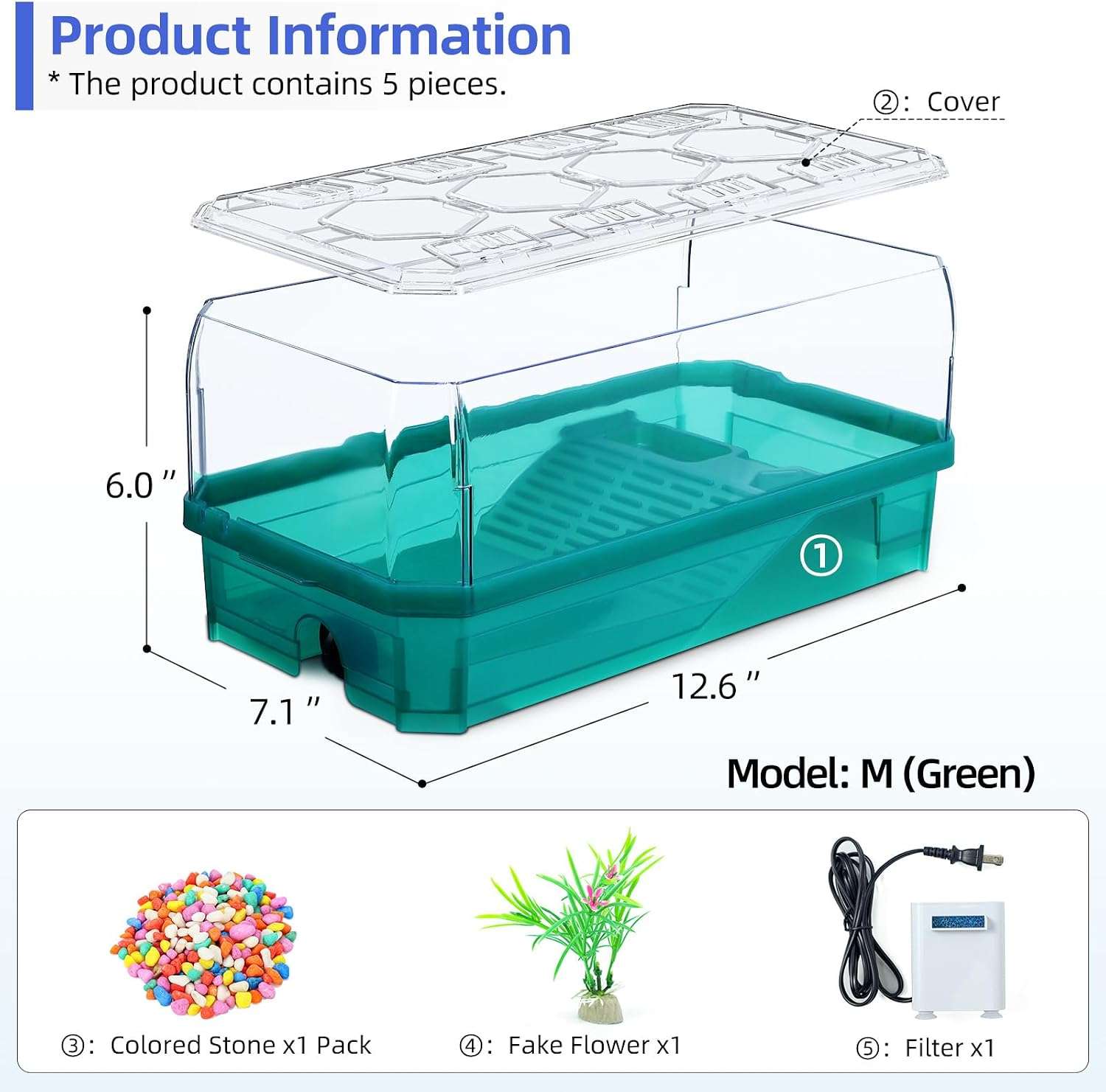 Un kit completo de tortuguera, mostrando un acuario con bomba, filtro y la innovadora función de ducha cascada.