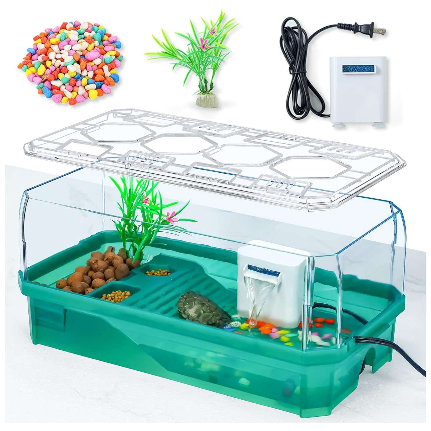 Un kit completo de tortuguera, mostrando un acuario con bomba, filtro y la innovadora función de ducha cascada.