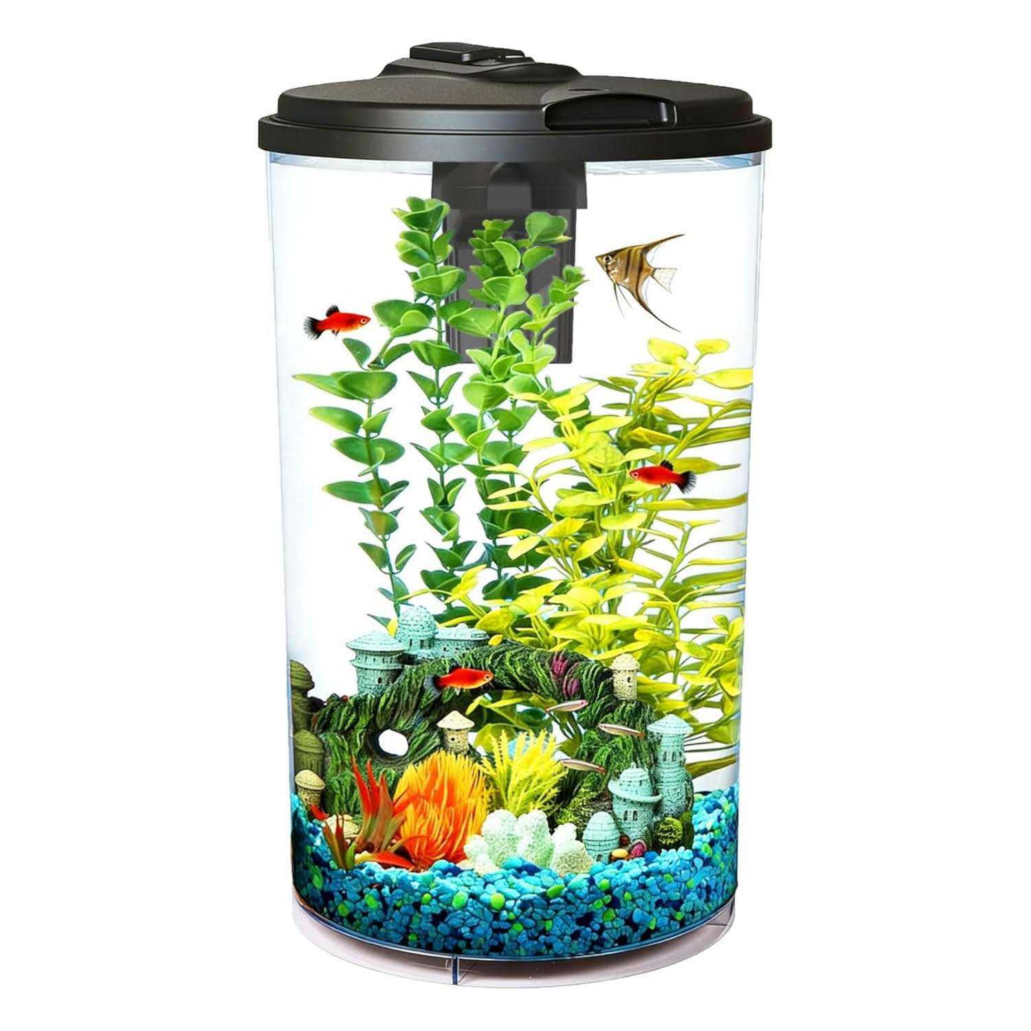 Acuario redondo o cilíndrico de 10 galones (29x50 cm). Construcción de plástico resistente a impactos con luz LED programable de 7 colores y filtro de potencia interno de 45 GPH.