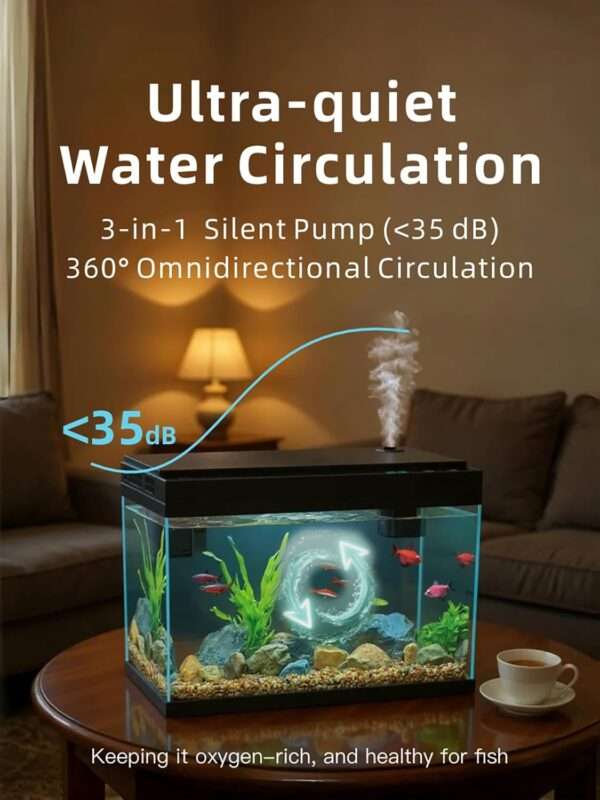 Acuario inteligente 3 en 1 (35x20x30 cm) con humidificador, cámara de aroma y control táctil. Incluye bomba 3 en 1 silenciosa y luz LED de 7 colores.