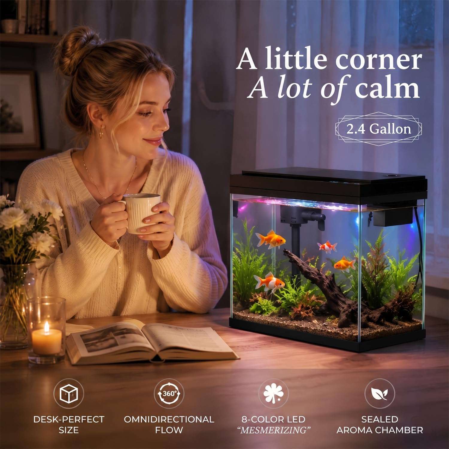 Acuario inteligente 3 en 1 (35x20x30 cm) con humidificador, cámara de aroma y control táctil. Incluye bomba 3 en 1 silenciosa y luz LED de 7 colores.