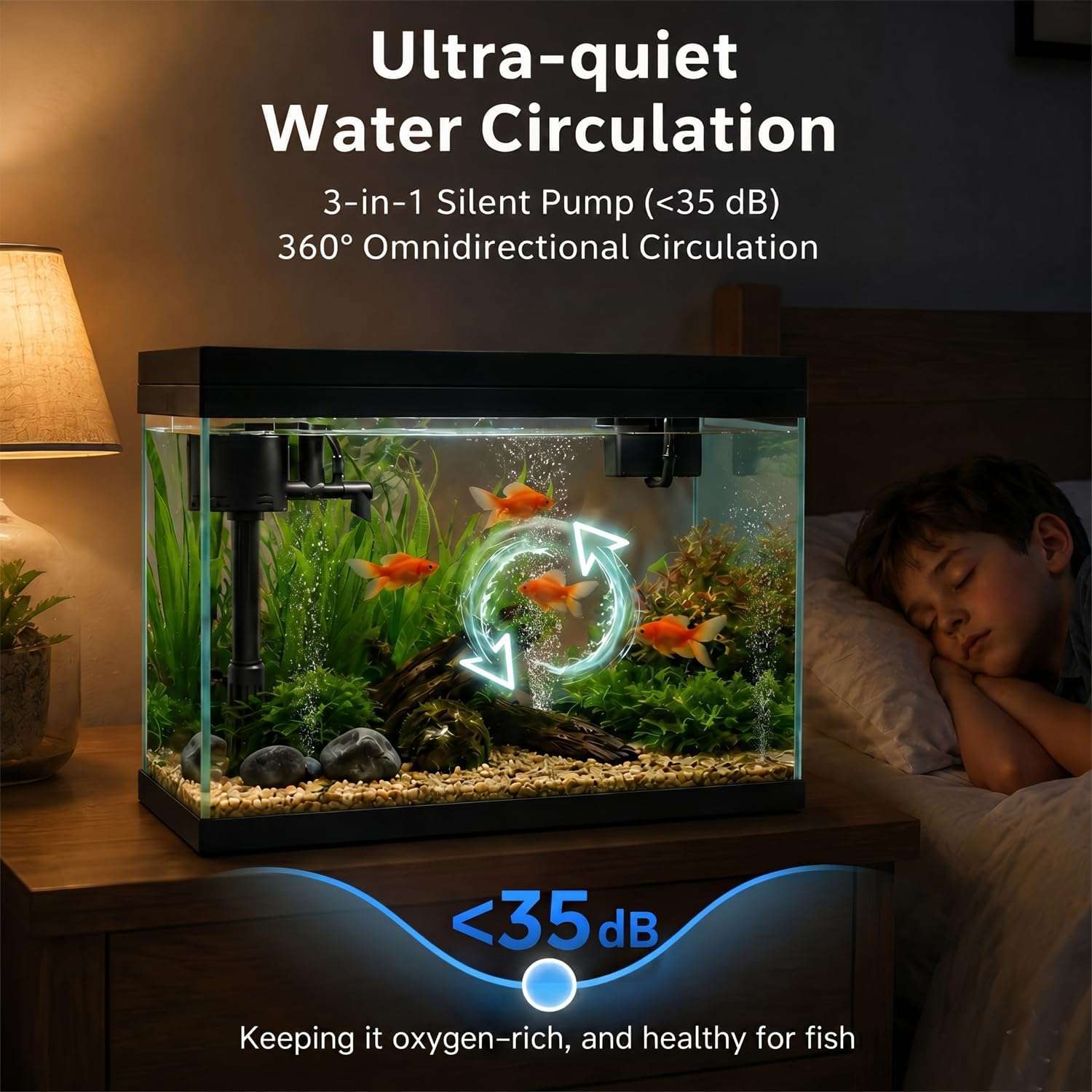 Acuario inteligente 3 en 1 (35x20x30 cm) con humidificador, cámara de aroma y control táctil. Incluye bomba 3 en 1 silenciosa y luz LED de 7 colores.