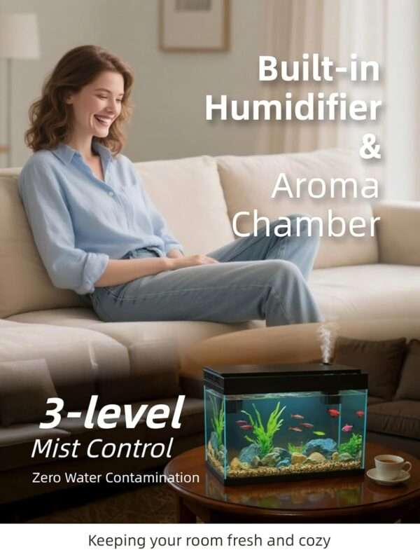 Acuario inteligente 3 en 1 (35x20x30 cm) con humidificador, cámara de aroma y control táctil. Incluye bomba 3 en 1 silenciosa y luz LED de 7 colores.