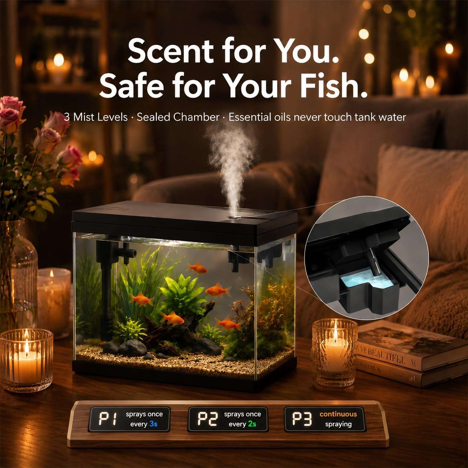 Acuario inteligente 3 en 1 (35x20x30 cm) con humidificador, cámara de aroma y control táctil. Incluye bomba 3 en 1 silenciosa y luz LED de 7 colores.