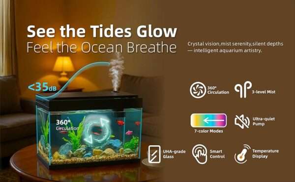 Acuario inteligente 3 en 1 (35x20x30 cm) con humidificador, cámara de aroma y control táctil. Incluye bomba 3 en 1 silenciosa y luz LED de 7 colores.