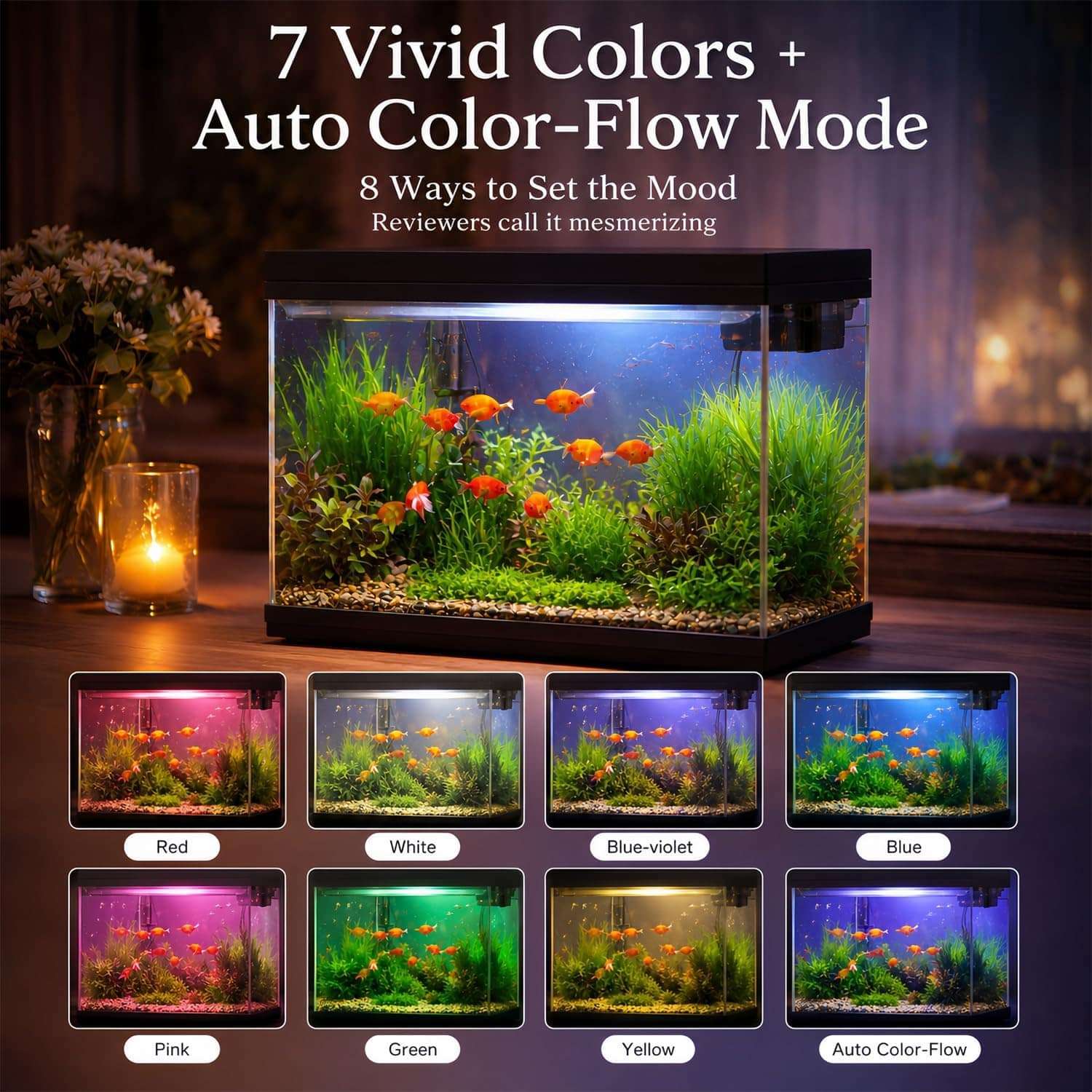 Acuario inteligente 3 en 1 (35x20x30 cm) con humidificador, cámara de aroma y control táctil. Incluye bomba 3 en 1 silenciosa y luz LED de 7 colores.