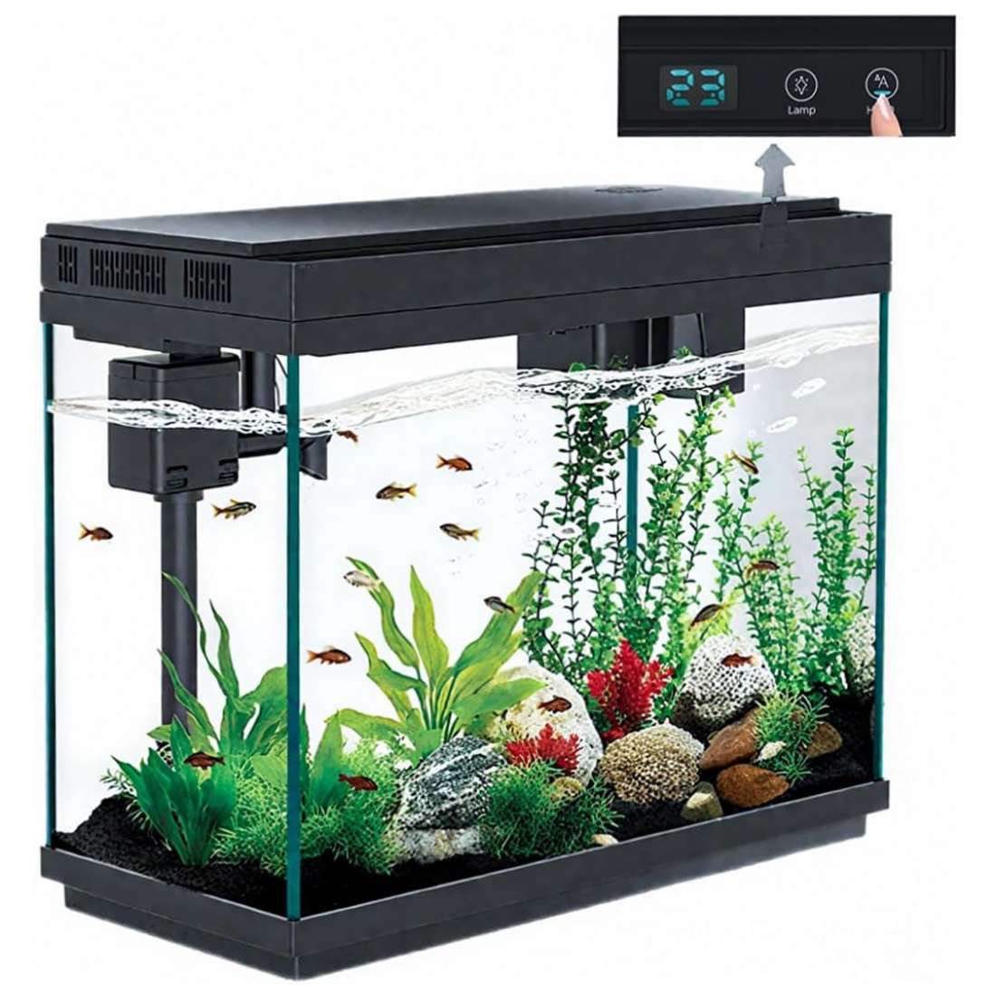 Acuario inteligente 3 en 1 (35x20x30 cm) con humidificador, cámara de aroma y control táctil. Incluye bomba 3 en 1 silenciosa y luz LED de 7 colores.