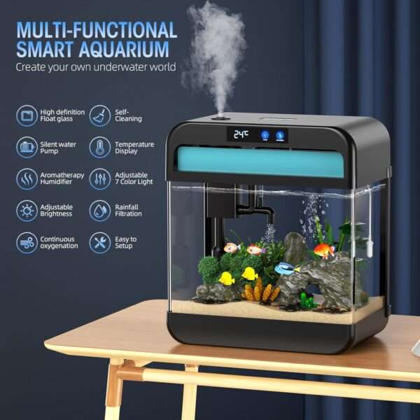Acuario inteligente 4 en 1 de vidrio flotado HD. Incluye humidificador de aromaterapia de 3 modos, sensor de temperatura en tiempo real, bomba silenciosa y luz LED de 7 colores.