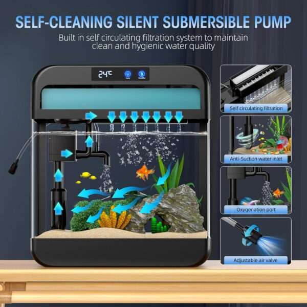 Acuario inteligente 4 en 1 de vidrio flotado HD. Incluye humidificador de aromaterapia de 3 modos, sensor de temperatura en tiempo real, bomba silenciosa y luz LED de 7 colores.