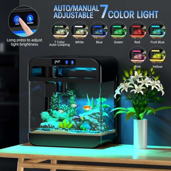 Acuario inteligente 4 en 1 de vidrio flotado HD. Incluye humidificador de aromaterapia de 3 modos, sensor de temperatura en tiempo real, bomba silenciosa y luz LED de 7 colores.