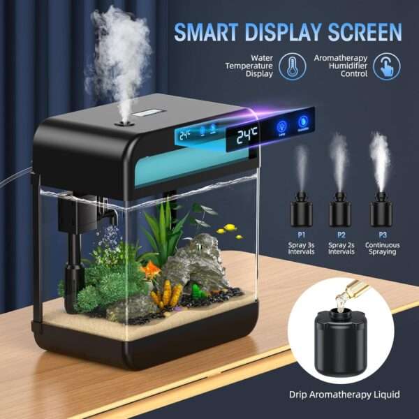 Acuario inteligente 4 en 1 de vidrio flotado HD. Incluye humidificador de aromaterapia de 3 modos, sensor de temperatura en tiempo real, bomba silenciosa y luz LED de 7 colores.