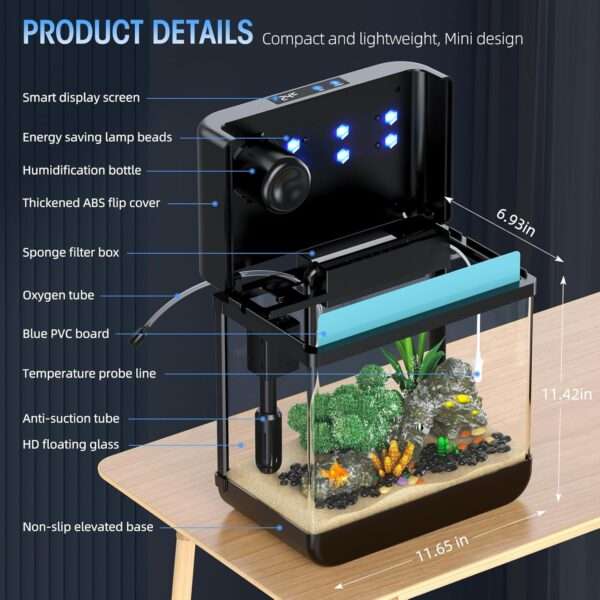 Acuario inteligente 4 en 1 de vidrio flotado HD. Incluye humidificador de aromaterapia de 3 modos, sensor de temperatura en tiempo real, bomba silenciosa y luz LED de 7 colores.