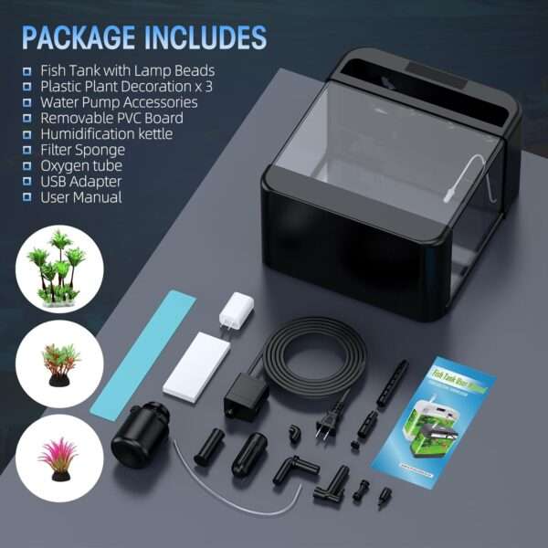 Acuario inteligente 4 en 1 de vidrio flotado HD. Incluye humidificador de aromaterapia de 3 modos, sensor de temperatura en tiempo real, bomba silenciosa y luz LED de 7 colores.