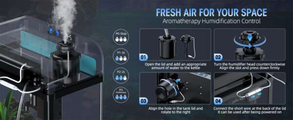 Acuario inteligente 4 en 1 de vidrio flotado HD. Incluye humidificador de aromaterapia de 3 modos, sensor de temperatura en tiempo real, bomba silenciosa y luz LED de 7 colores.