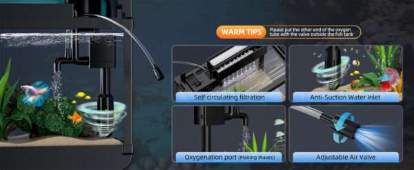 Acuario inteligente 4 en 1 de vidrio flotado HD. Incluye humidificador de aromaterapia de 3 modos, sensor de temperatura en tiempo real, bomba silenciosa y luz LED de 7 colores.