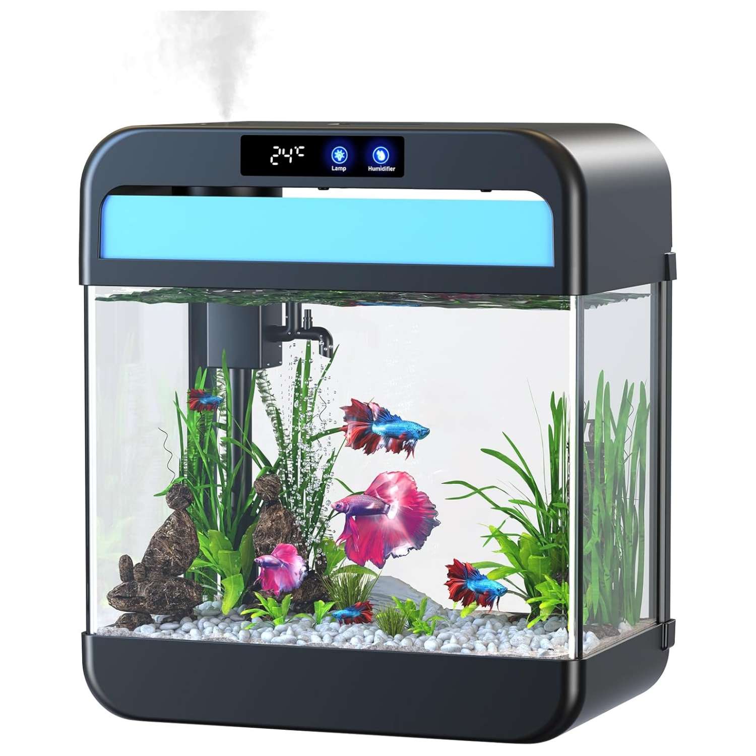 Acuario inteligente 4 en 1 de vidrio flotado HD. Incluye humidificador de aromaterapia de 3 modos, sensor de temperatura en tiempo real, bomba silenciosa y luz LED de 7 colores.