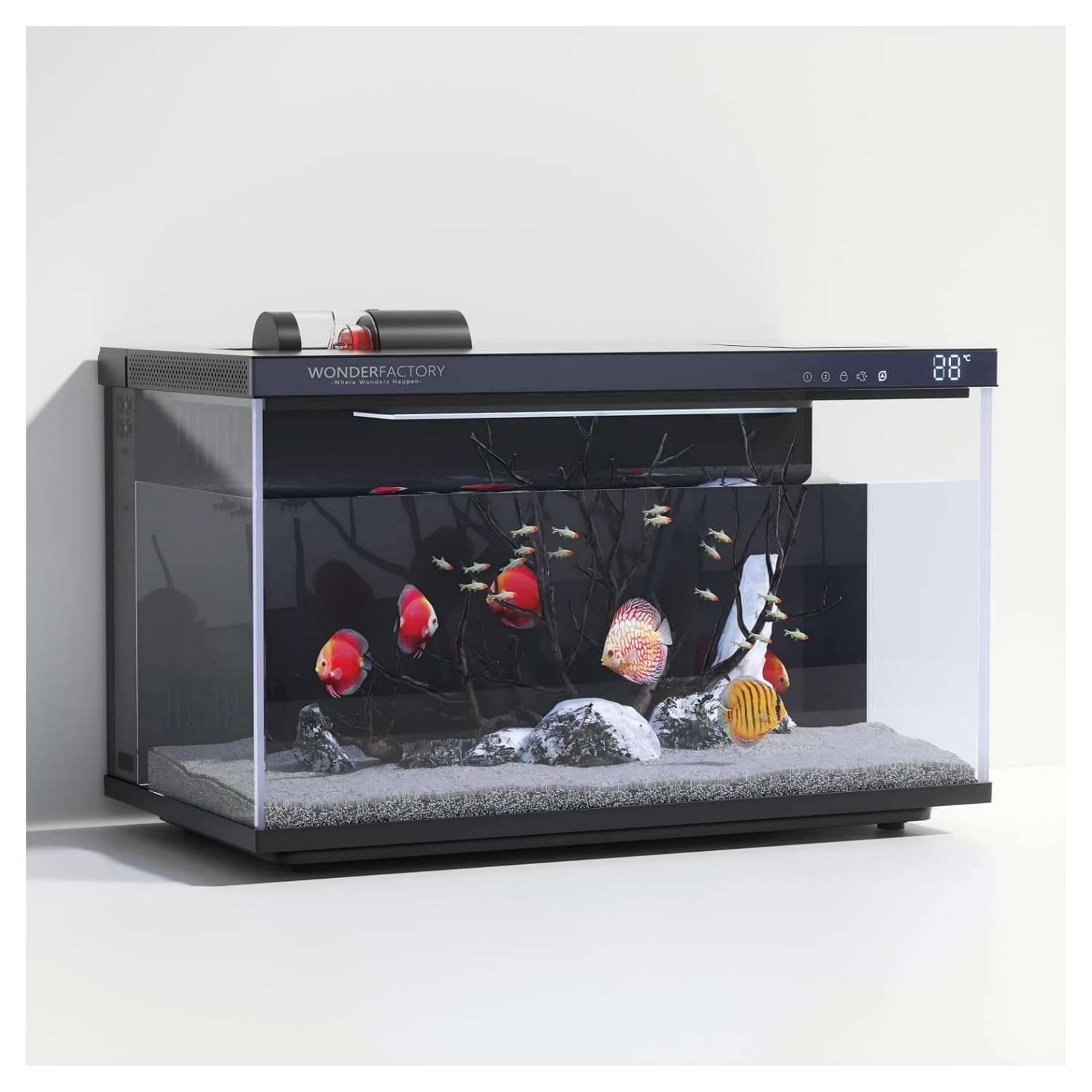 Kit acuario inteligente de 5 galones (44x25x30 cm) con vidrio UHA. Incluye filtro silencioso, y luz y alimentación controladas por aplicación móvil (Smart Control App).