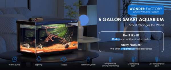 Kit acuario inteligente de 5 galones (44x25x30 cm) con vidrio UHA. Incluye filtro silencioso, y luz y alimentación controladas por aplicación móvil (Smart Control App).