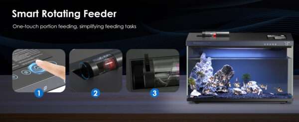 Kit acuario inteligente de 5 galones (44x25x30 cm) con vidrio UHA. Incluye filtro silencioso, y luz y alimentación controladas por aplicación móvil (Smart Control App).