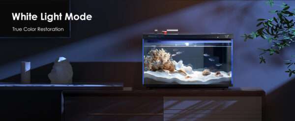 Kit acuario inteligente de 5 galones (44x25x30 cm) con vidrio UHA. Incluye filtro silencioso, y luz y alimentación controladas por aplicación móvil (Smart Control App).