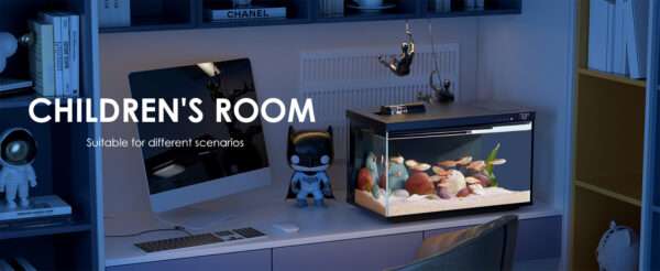 Kit acuario inteligente de 5 galones (44x25x30 cm) con vidrio UHA. Incluye filtro silencioso, y luz y alimentación controladas por aplicación móvil (Smart Control App).