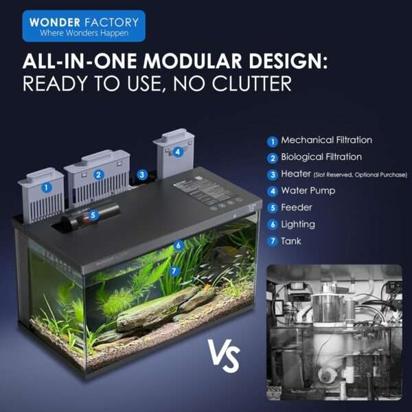 Kit acuario inteligente de 5 galones (44x25x30 cm) con vidrio UHA. Incluye filtro silencioso, y luz y alimentación controladas por aplicación móvil (Smart Control App).