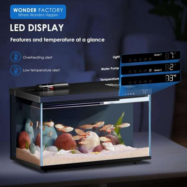 Kit acuario inteligente de 5 galones (44x25x30 cm) con vidrio UHA. Incluye filtro silencioso, y luz y alimentación controladas por aplicación móvil (Smart Control App).