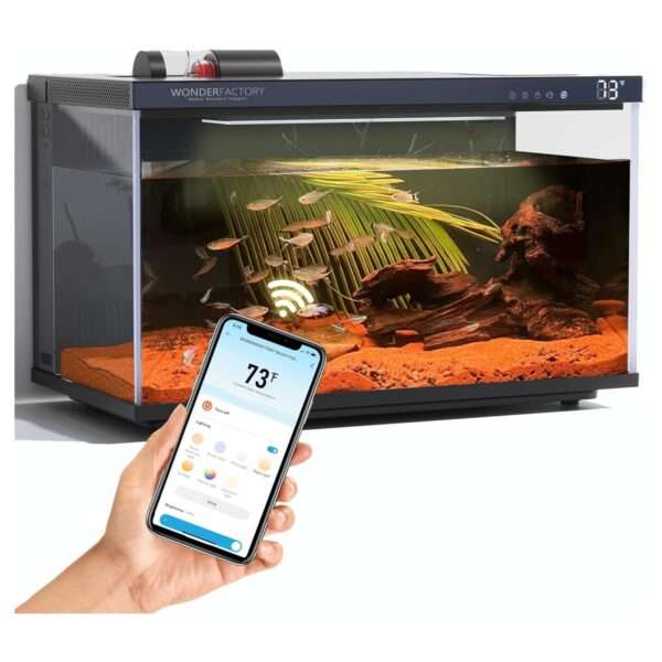 Kit acuario inteligente de 5 galones (44x25x30 cm) con vidrio UHA. Incluye filtro silencioso, y luz y alimentación controladas por aplicación móvil (Smart Control App).