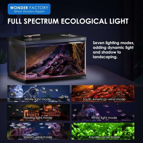 Kit acuario inteligente de 5 galones (44x25x30 cm) con vidrio UHA. Incluye filtro silencioso, y luz y alimentación controladas por aplicación móvil (Smart Control App).