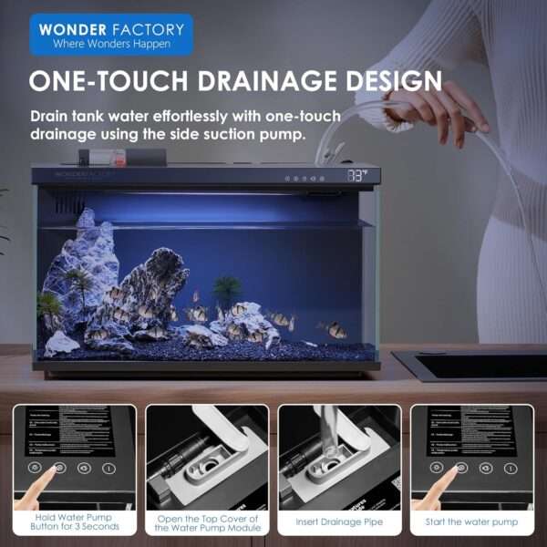 Kit acuario inteligente de 5 galones (44x25x30 cm) con vidrio UHA. Incluye filtro silencioso, y luz y alimentación controladas por aplicación móvil (Smart Control App).