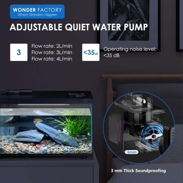 Kit acuario inteligente de 5 galones (44x25x30 cm) con vidrio UHA. Incluye filtro silencioso, y luz y alimentación controladas por aplicación móvil (Smart Control App).