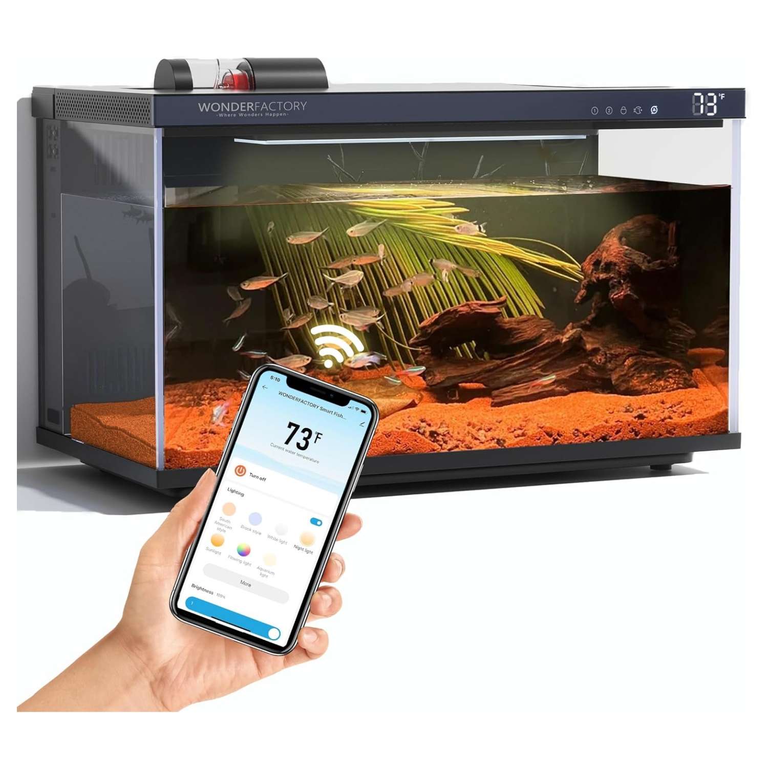 Kit acuario inteligente de 5 galones (44x25x30 cm) con vidrio UHA. Incluye filtro silencioso, y luz y alimentación controladas por aplicación móvil (Smart Control App).