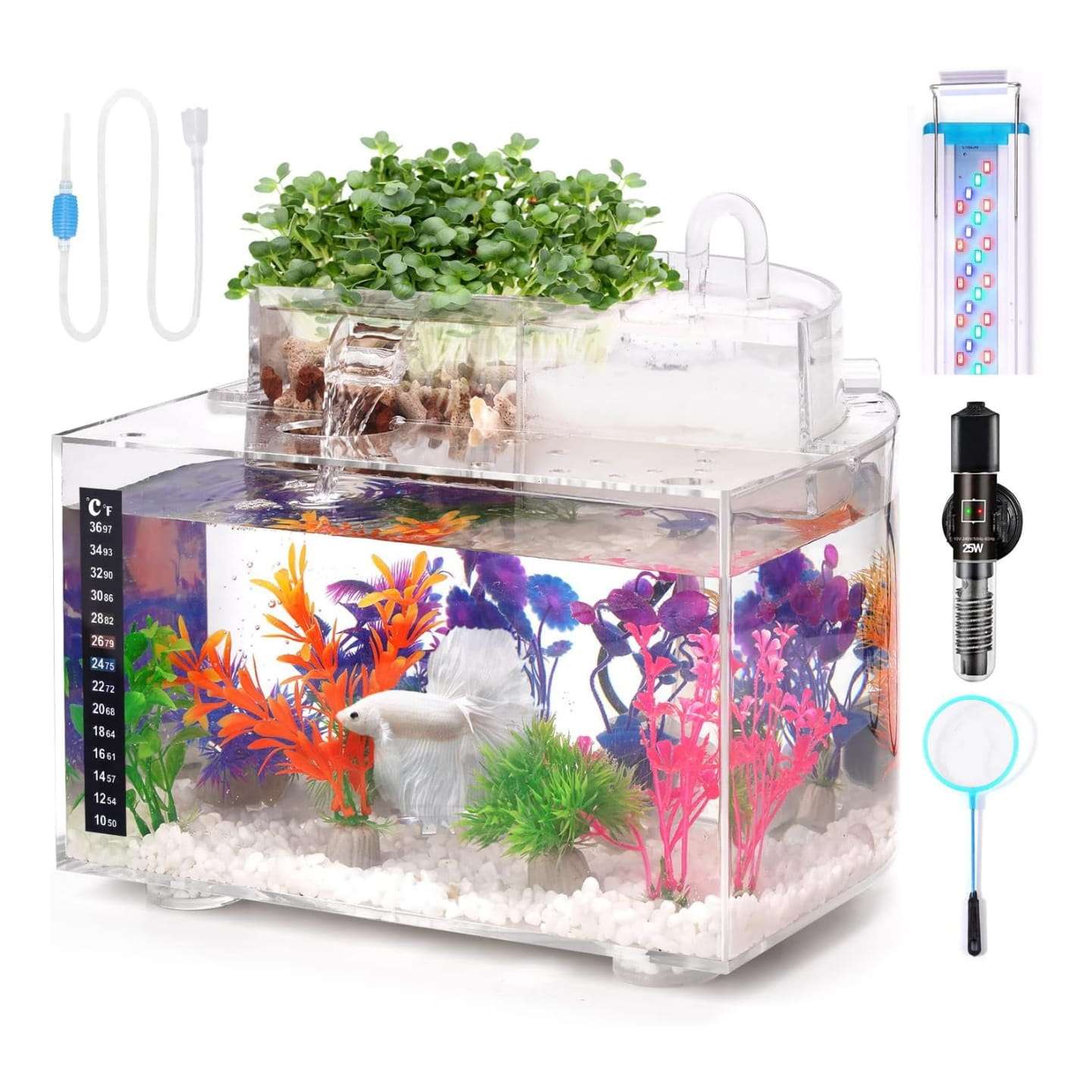 Acuario acuapónico de autolimpieza (31x26x18 cm) con función de cascada e hidropónica. Kit completo para peces betta, incluye calentador y luz LED.
