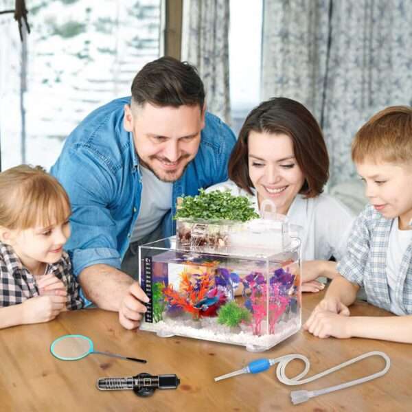 Acuario acuapónico de autolimpieza (31x26x18 cm) con función de cascada e hidropónica. Kit completo para peces betta, incluye calentador y luz LED.
