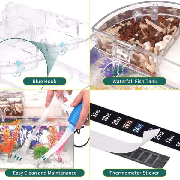 Acuario acuapónico de autolimpieza (31x26x18 cm) con función de cascada e hidropónica. Kit completo para peces betta, incluye calentador y luz LED.