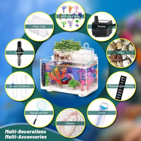 Acuario acuapónico de autolimpieza (31x26x18 cm) con función de cascada e hidropónica. Kit completo para peces betta, incluye calentador y luz LED.