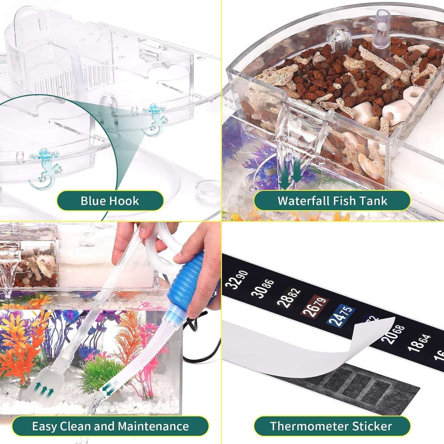Acuario acuapónico de autolimpieza (31x26x18 cm) con función de cascada e hidropónica. Kit completo para peces betta, incluye calentador y luz LED.