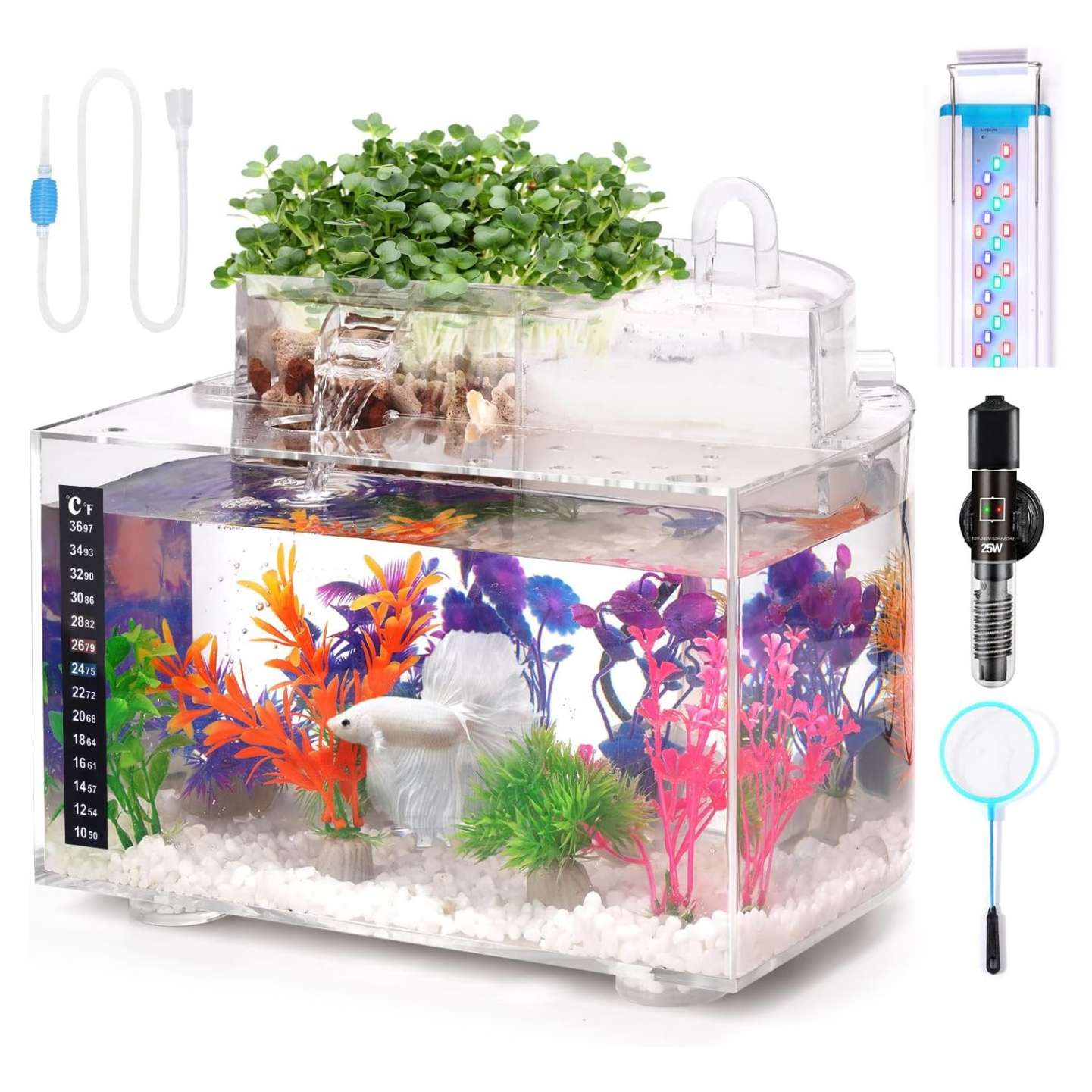 Acuario acuapónico de autolimpieza (31x26x18 cm) con función de cascada e hidropónica. Kit completo para peces betta, incluye calentador y luz LED.