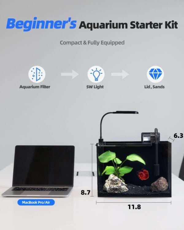 Acuario de vidrio ultra transparente (30x16x22 cm) con 91.2% de transmitancia. Diseño elegante con panel y sellos negros. Incluye filtro, luz LED y tapa ajustable.