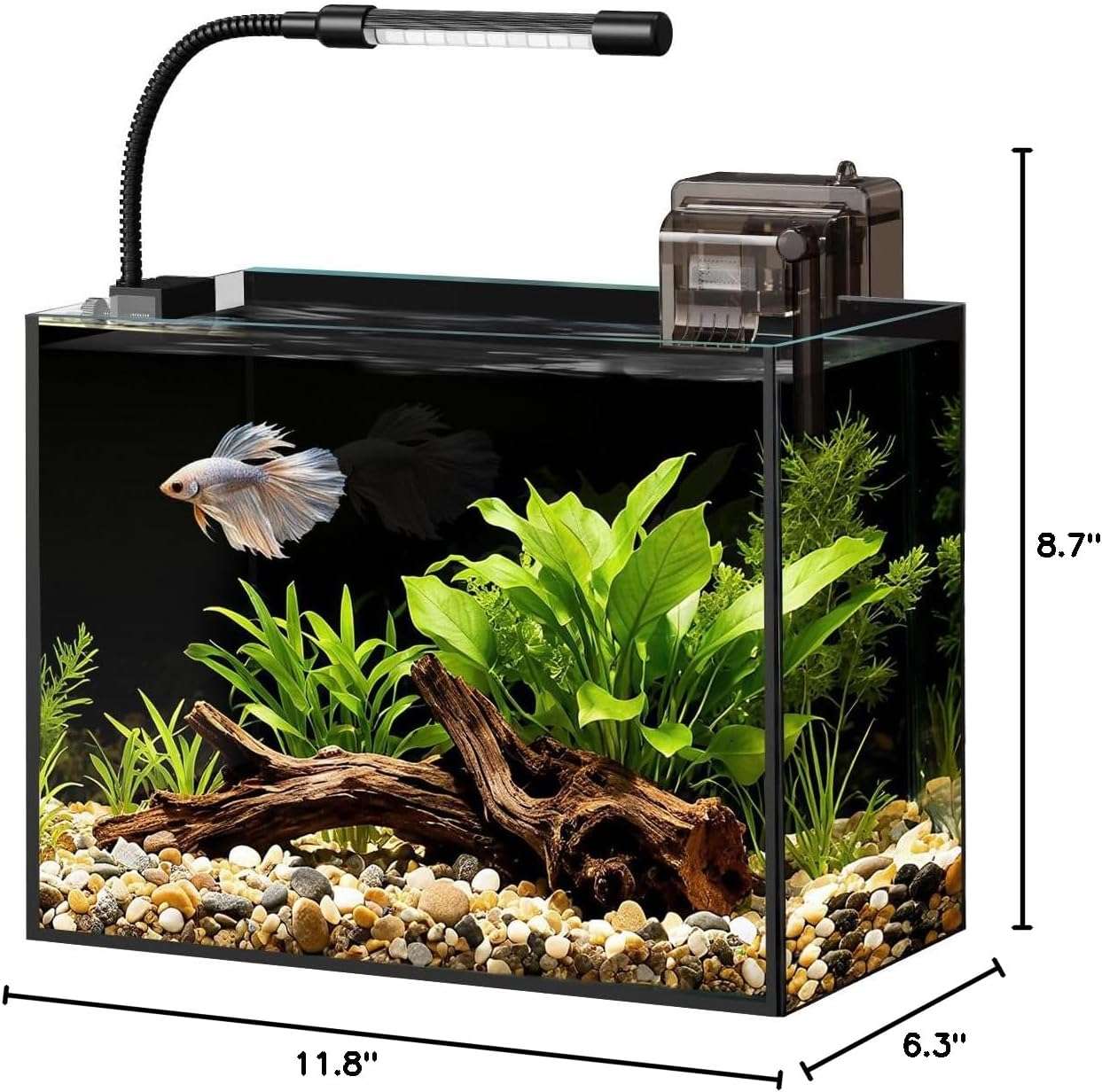 Acuario de vidrio ultra transparente (30x16x22 cm) con 91.2% de transmitancia. Diseño elegante con panel y sellos negros. Incluye filtro, luz LED y tapa ajustable.