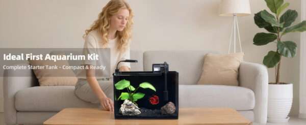 Acuario de vidrio ultra transparente (30x16x22 cm) con 91.2% de transmitancia. Diseño elegante con panel y sellos negros. Incluye filtro, luz LED y tapa ajustable.