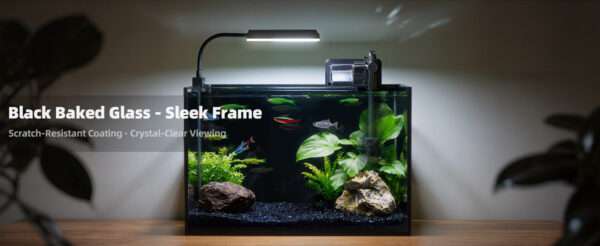 Acuario de vidrio ultra transparente (30x16x22 cm) con 91.2% de transmitancia. Diseño elegante con panel y sellos negros. Incluye filtro, luz LED y tapa ajustable.