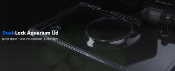 Acuario de vidrio ultra transparente (30x16x22 cm) con 91.2% de transmitancia. Diseño elegante con panel y sellos negros. Incluye filtro, luz LED y tapa ajustable.