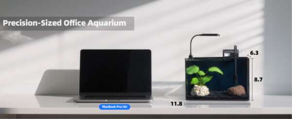 Acuario de vidrio ultra transparente (30x16x22 cm) con 91.2% de transmitancia. Diseño elegante con panel y sellos negros. Incluye filtro, luz LED y tapa ajustable.